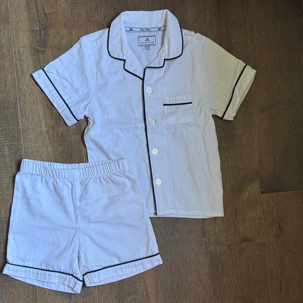 Petite Plume White Pajama Set with Black Piping